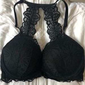 Racer back black lace bra